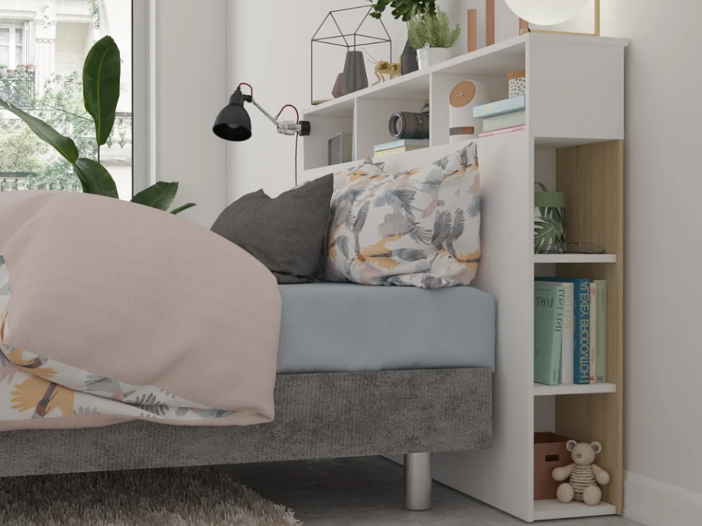 Tête de lit avec rangements NASTIA - 160 cm - Blanc et chêne