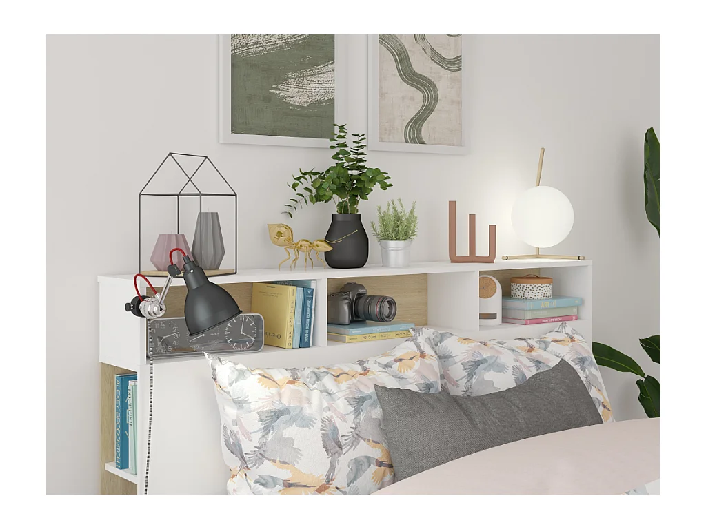 Hoofdeinde NASTIA met opbergruimte - 160cm - Kleur: Wit en eiken.