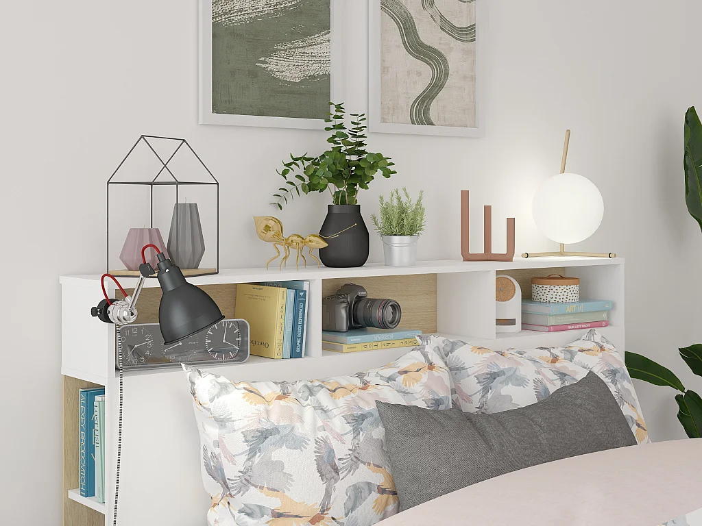 Testata letto con scomparti 160 cm Bianco e Rovere - NASTIA