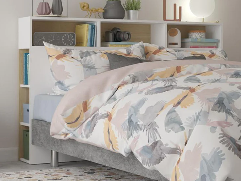 Tête de lit avec rangements NASTIA - 160 cm - Blanc et chêne