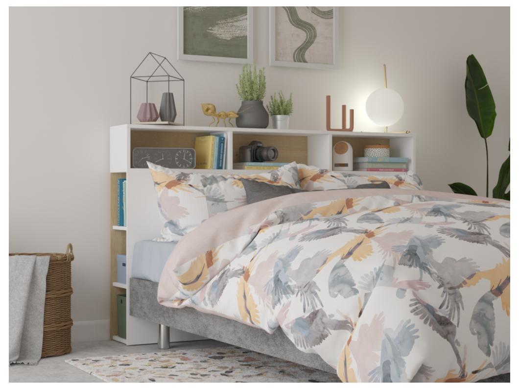 Tête de lit avec rangements NASTIA - 160 cm - Blanc et chêne