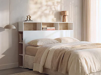 Cabeceira de cama com espaços de arrumação de 160 cm em branco e carvalho - NASTIA