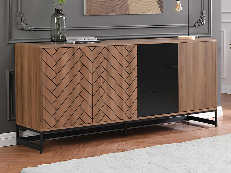 Sideboard mit 3 Türen & 3 Schubladen - MDF - Naturfarben & Schwarz - CARATANA