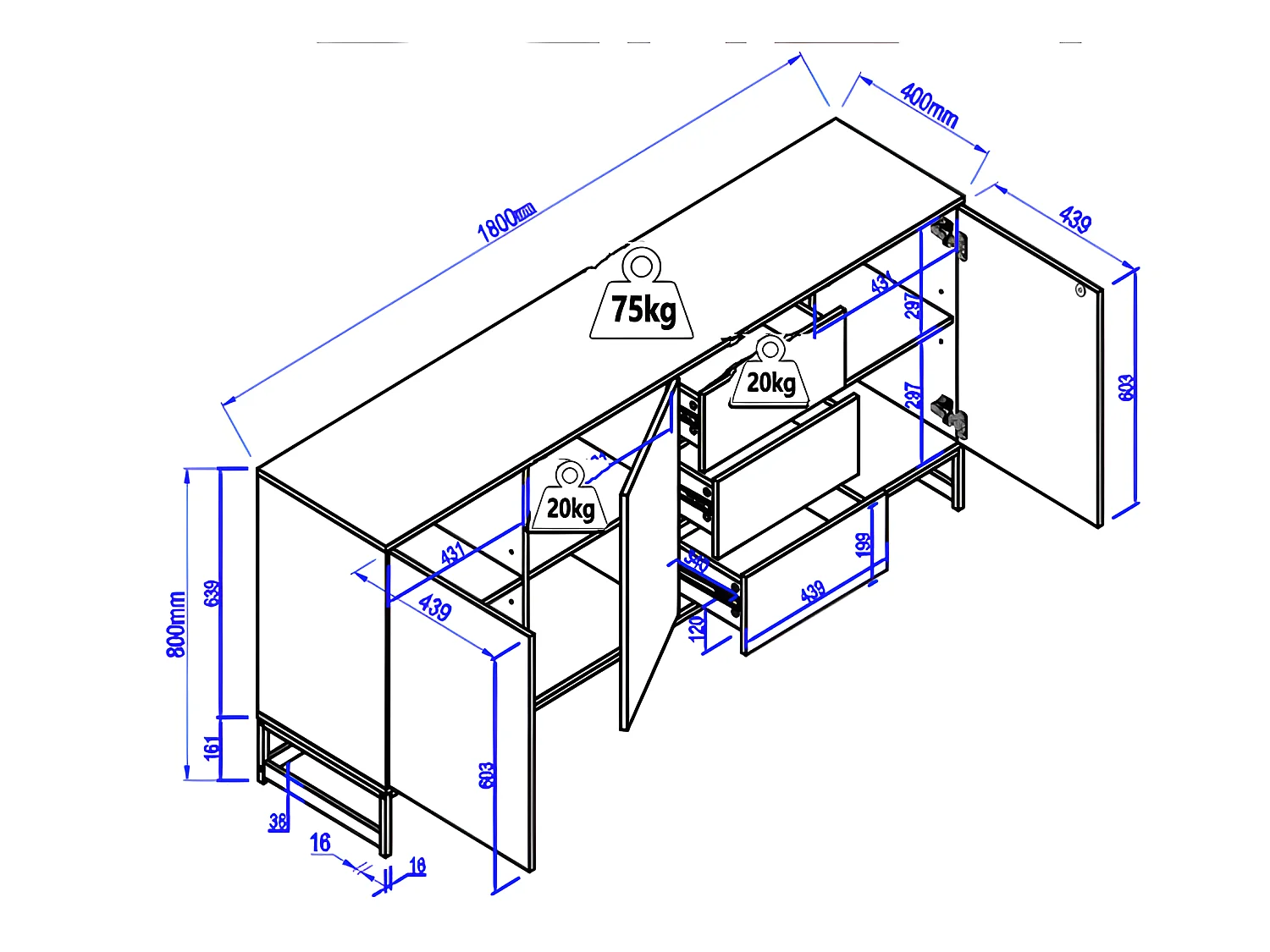 Buffetkast met 3 deuren en 3 laden - Mdf - Naturel en zwart - CARATANA
