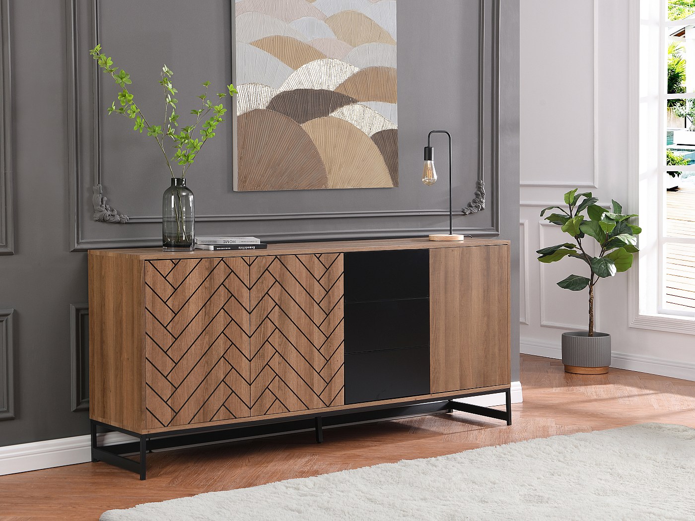Buffet avec 3 portes et 3 tiroirs en MDF Naturel et noir CARATANA