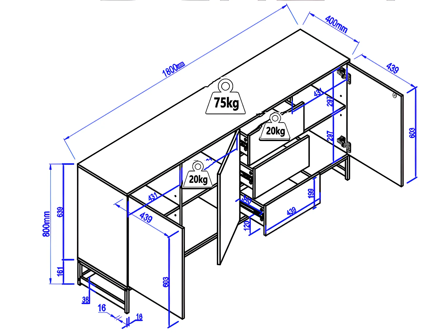 Aparador 3 portas e 3 gavetas em MDF cor natural e preto - CARATANA
