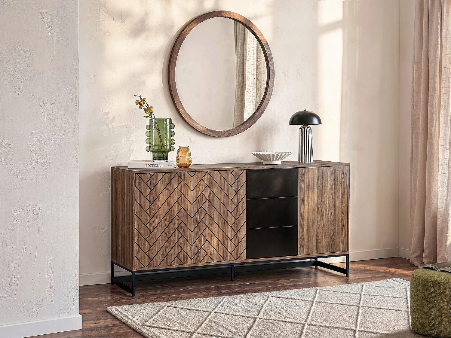 Buffet  3 portes et 3 tiroirs - MDF - Naturel et noir - CARATANA