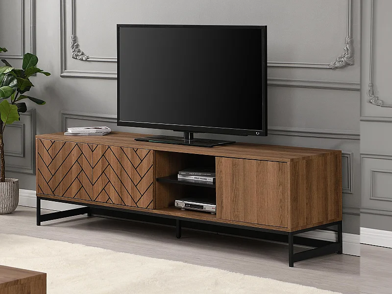 Móvel de TV com 3 portas e 2 nichos em MDF cor natural e preto - CARATANA