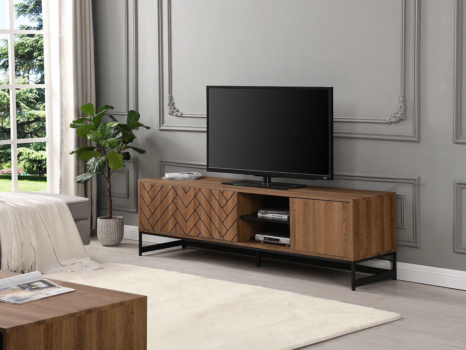 Meuble TV avec 3 portes et 2 niches - MDF - Naturel et noir - CARATANA