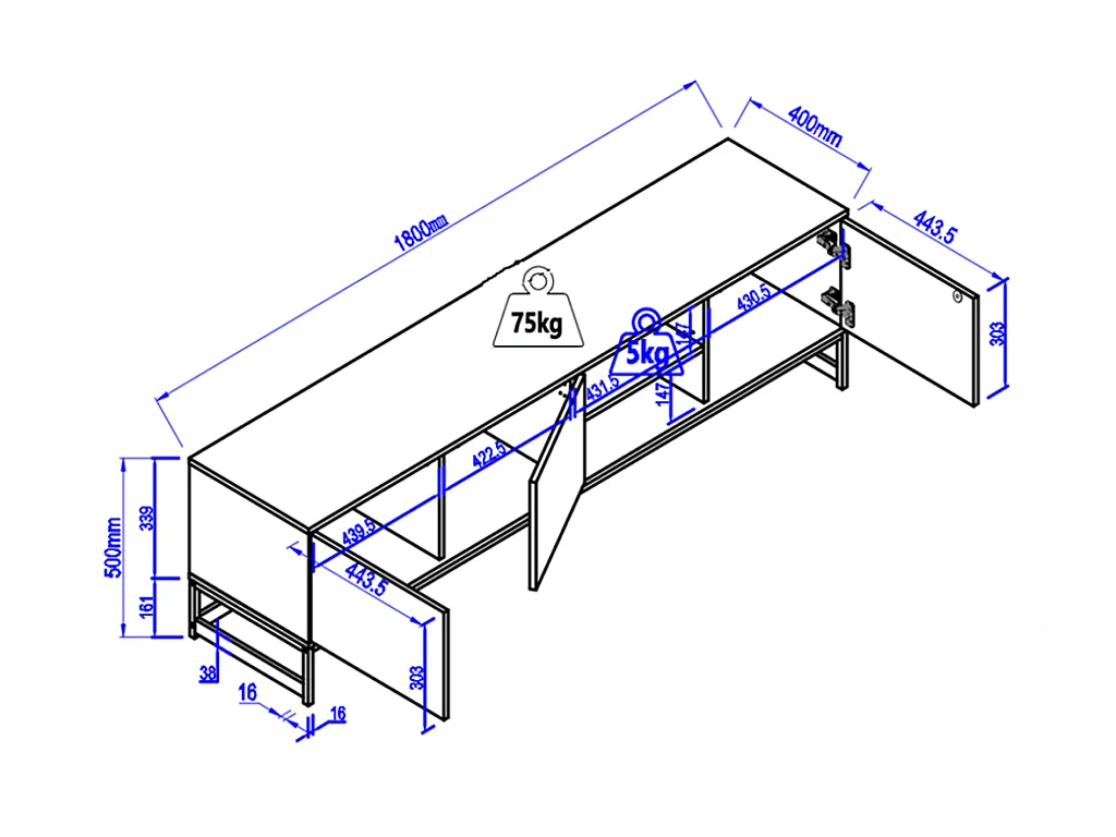 Mueble TV con 3 puertas y 2 estantes - MDF - Natural y negro - CARATANA
