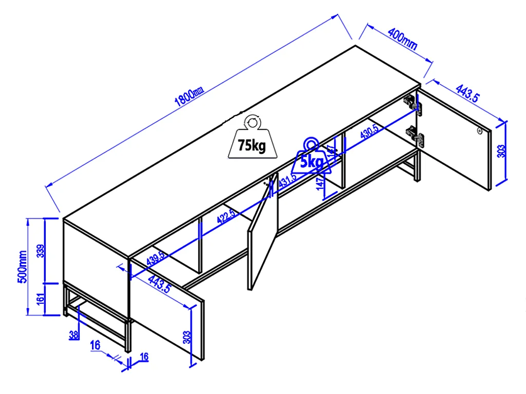 Meuble TV avec 3 portes et 2 niches - MDF - Naturel et noir - CARATANA