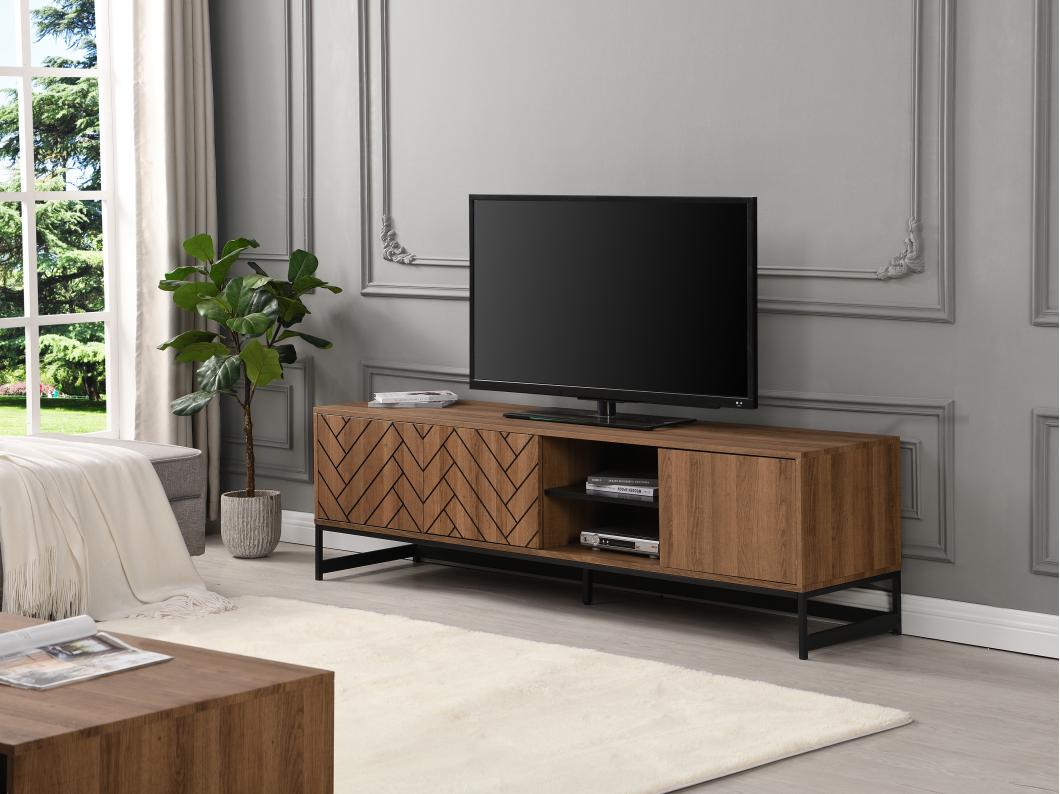 Mueble TV con 3 puertas y 2 estantes - MDF - Natural y negro - CARATANA