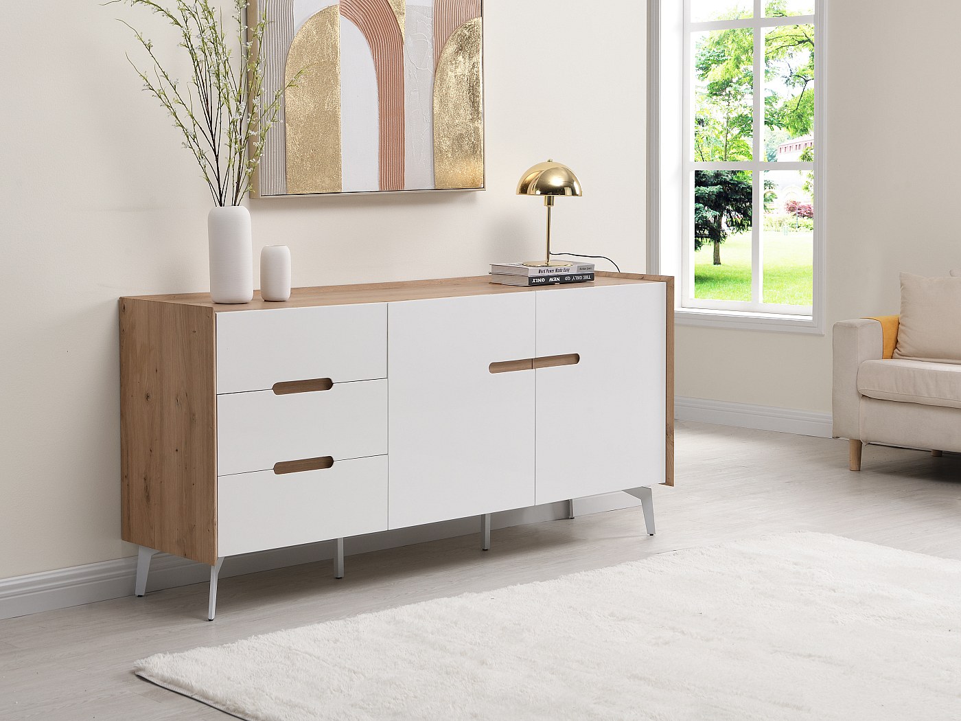 Buffet 2 portes et 3 tiroirs en MDF et métal coloris Blanc laqué et