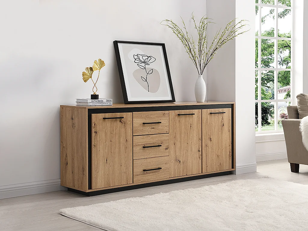 Buffet 3 portes et 3 tiroirs en MDF - Naturel et noir - NALAMANE
