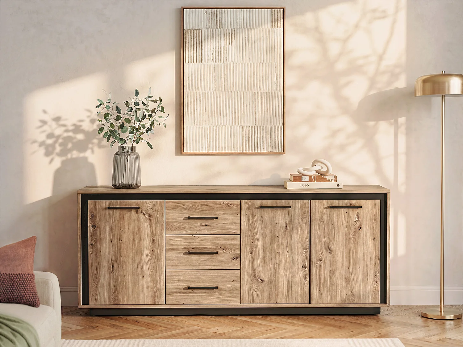 Aparador con 3 puertas y 3 cajones de MDF - Natural y negro - NALAMANE