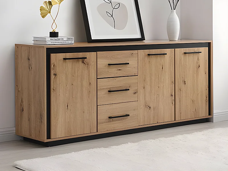 Aparador de 3 portas e 3 gavetas em MDF cor natural e preto - NALAMANE