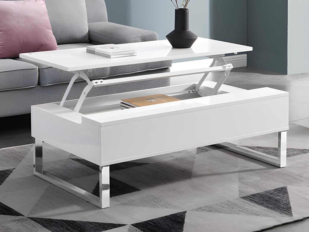Table basse avec plateau relevable en MDF et métal chromé - Blanc laqué - SECALI