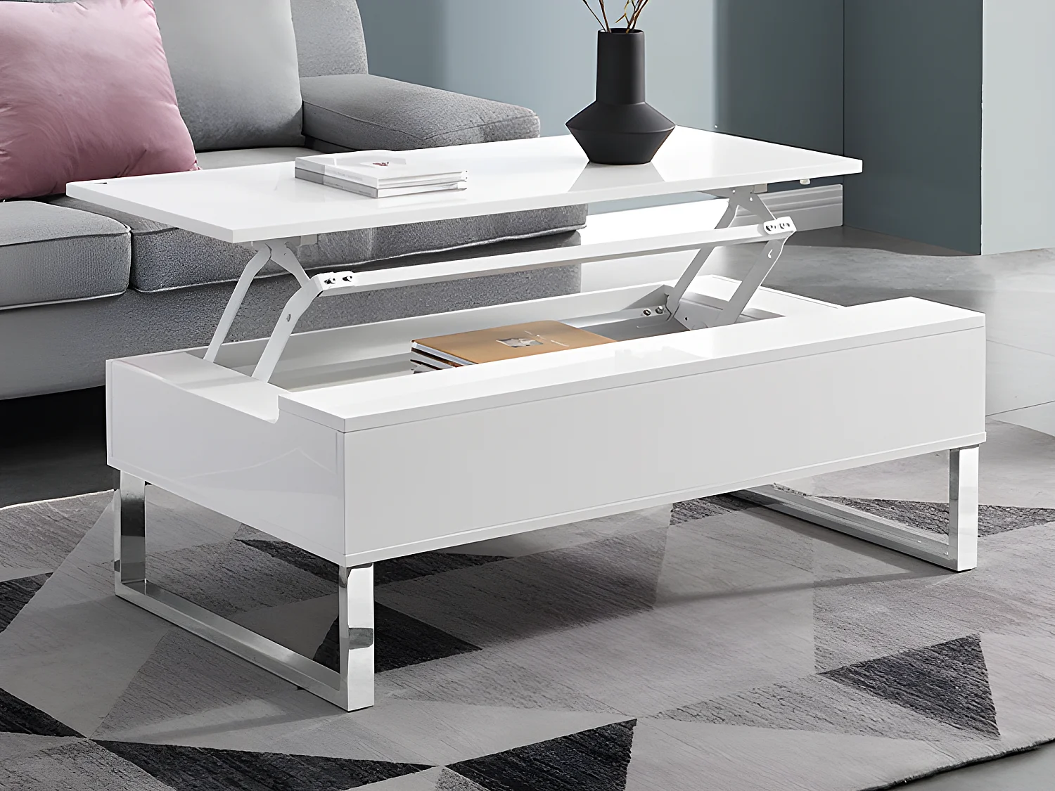 Table basse avec plateau relevable en MDF et métal chromé - Blanc laqué - SECALI