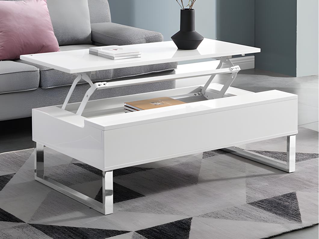 Mesa de centro con tablero elevable - MDF y metal cromado - Blanco lacado - SECALI