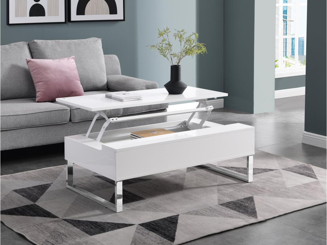 Table basse avec plateau relevable - MDF et métal chromé - Blanc laqué - SECALI