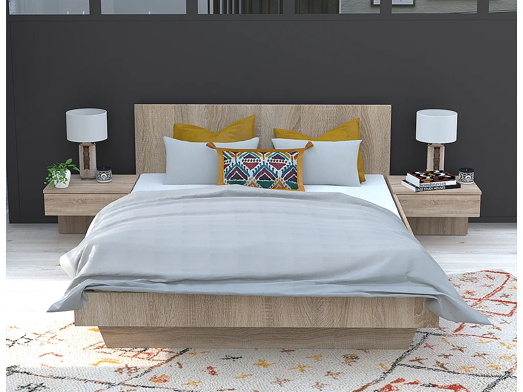 Bed met nachtkastjes - 140 x 190 cm - Eikenkleur - MARVELLOUS