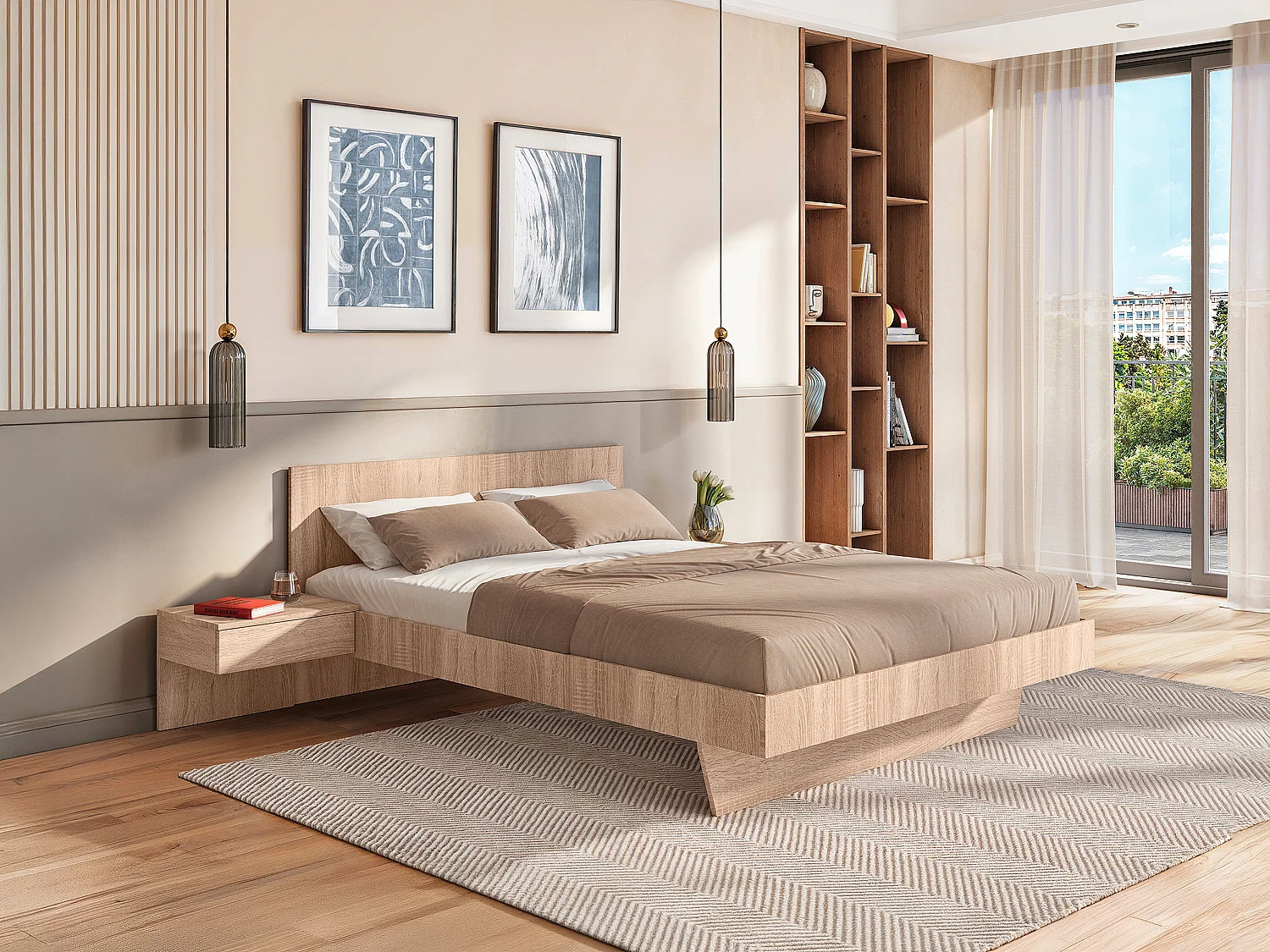 Bed met nachtkastjes - 140 x 190 cm - Eikenkleur - MARVELLOUS