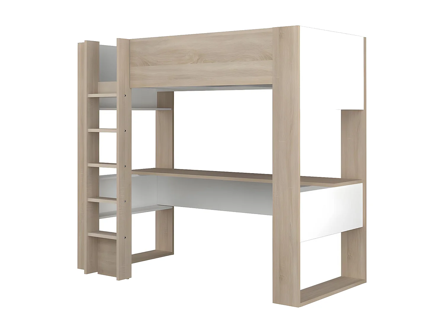 Hoogslaper met ingebouwd bureau en opbergruimte - 90x200 cm - Eiken en wit - NOAH II