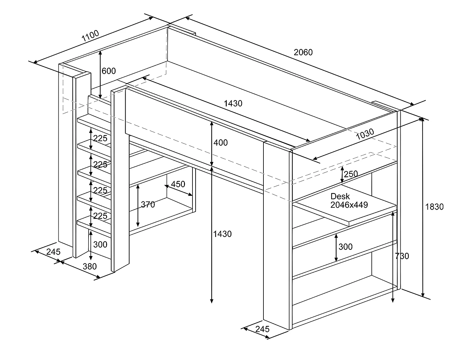 Hoogslaper met ingebouwd bureau en opbergruimte - 90x200 cm - Eiken en wit - NOAH II