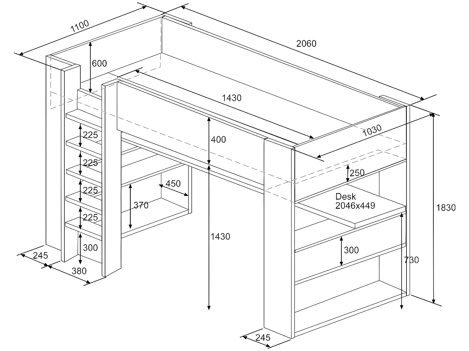 Hoogslaper met ingebouwd bureau en opbergruimte - 90x200 cm - Eiken en wit - NOAH II