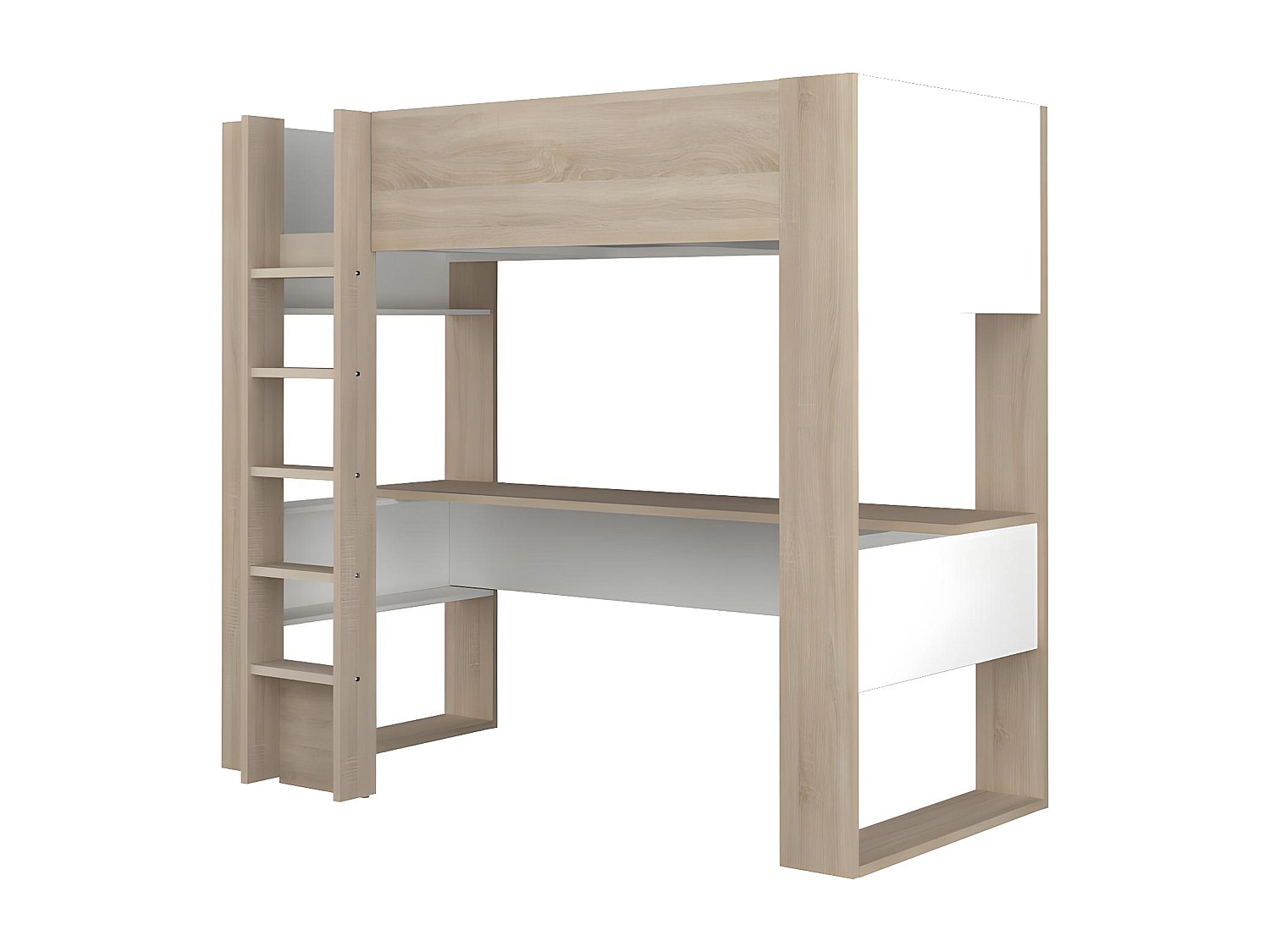 Hochbett mit Schreibtisch & Stauraum - 90 x 200 cm - Eichefarben & Weiß - N günstig online kaufen
