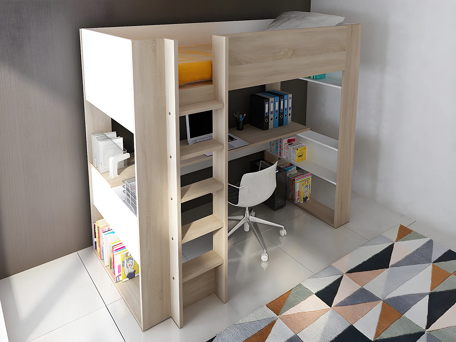 Lit mezzanine avec bureau et rangements intégrés - 90 x 200 cm - Chêne et blanc - NOAH II