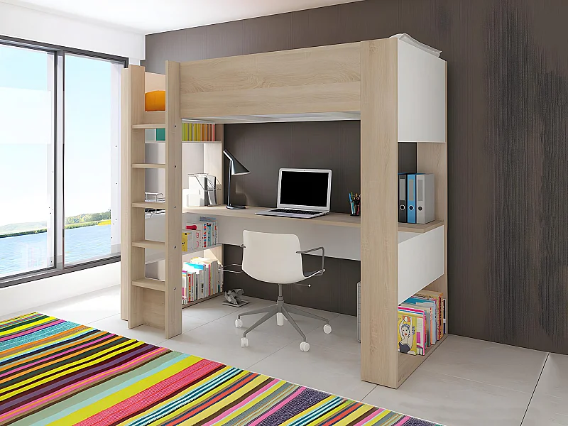 Hochbett mit Schreibtisch & Stauraum - 90 x 200 cm - Eichefarben & Weiß - NOAH II