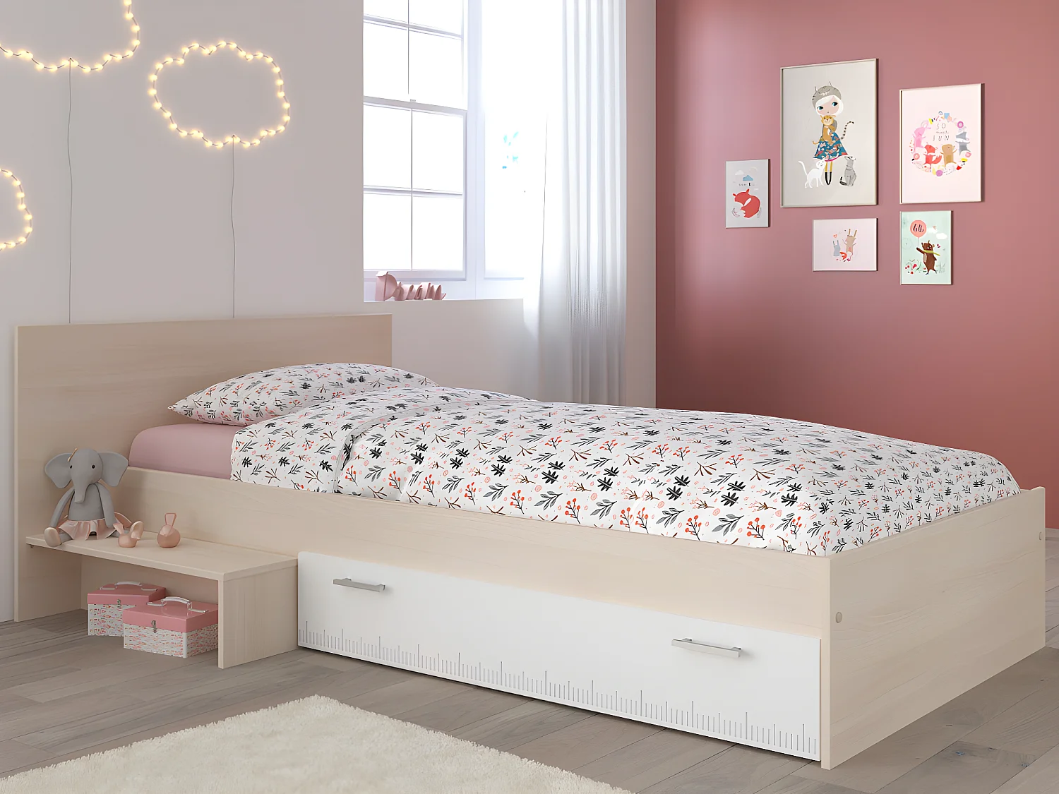 Cama infantil - 1 cajón - 90 x 190  cm - natural y blanco - IPLIA