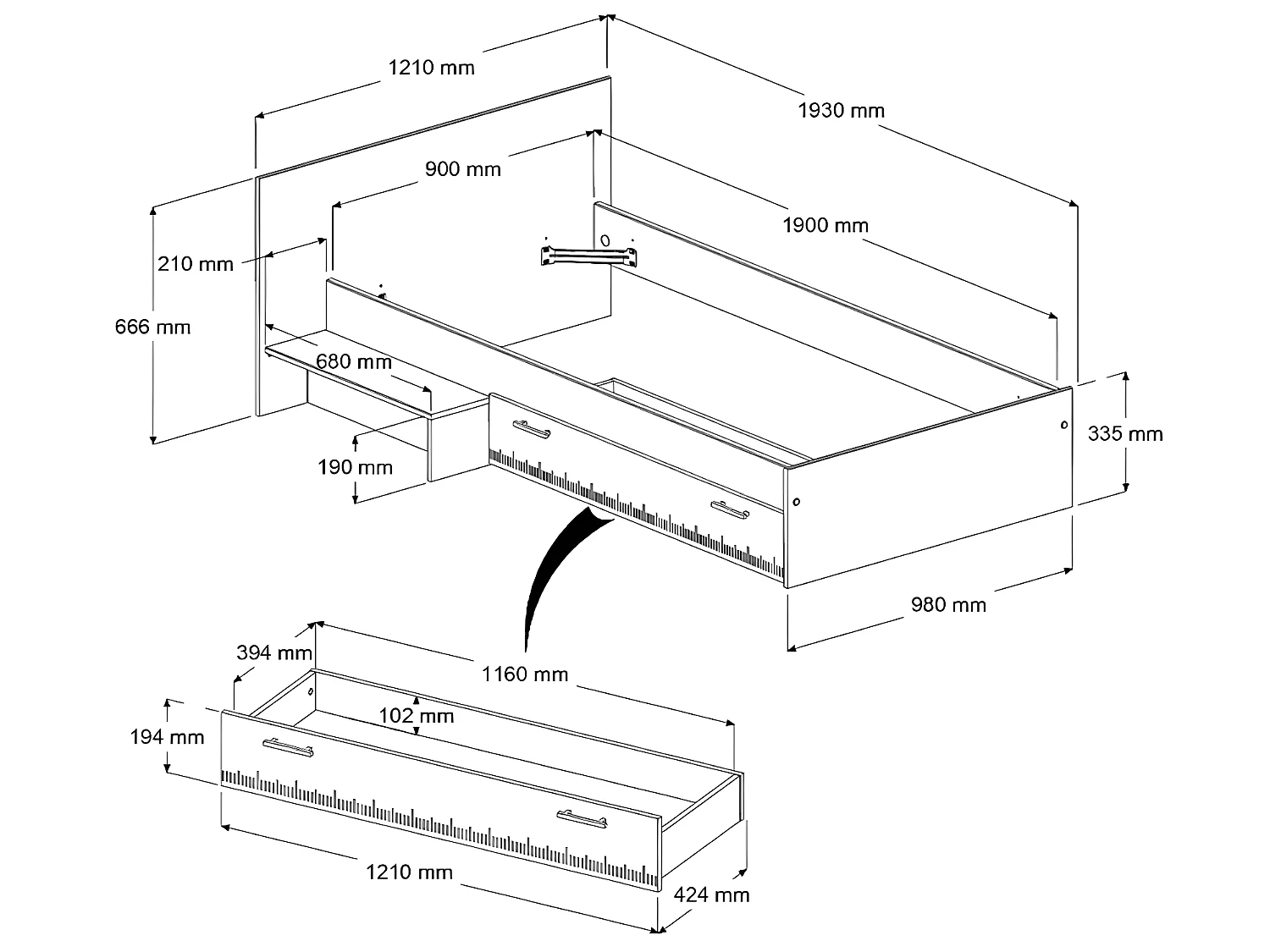 Kinderbed - 1 lade - 90 x 190 cm - Eikenkleur & wit - IPLIA