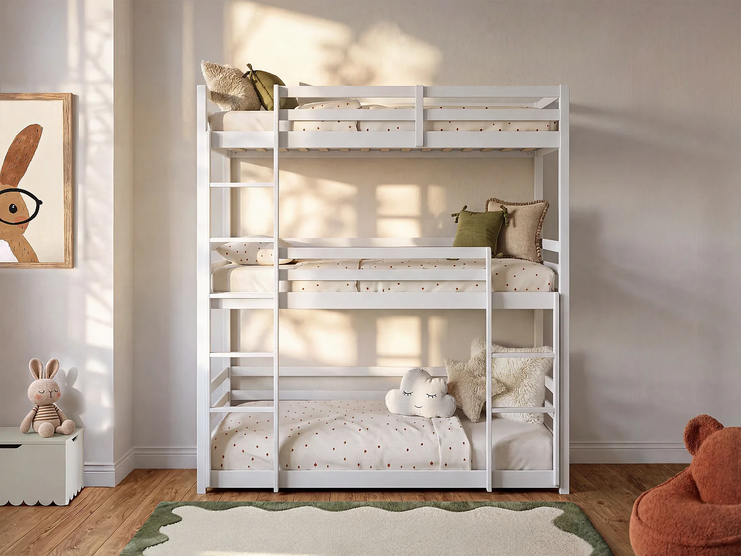 Lits superposés triple - 3 x 90 x 200 cm - Pin - Blanc - VAGAR