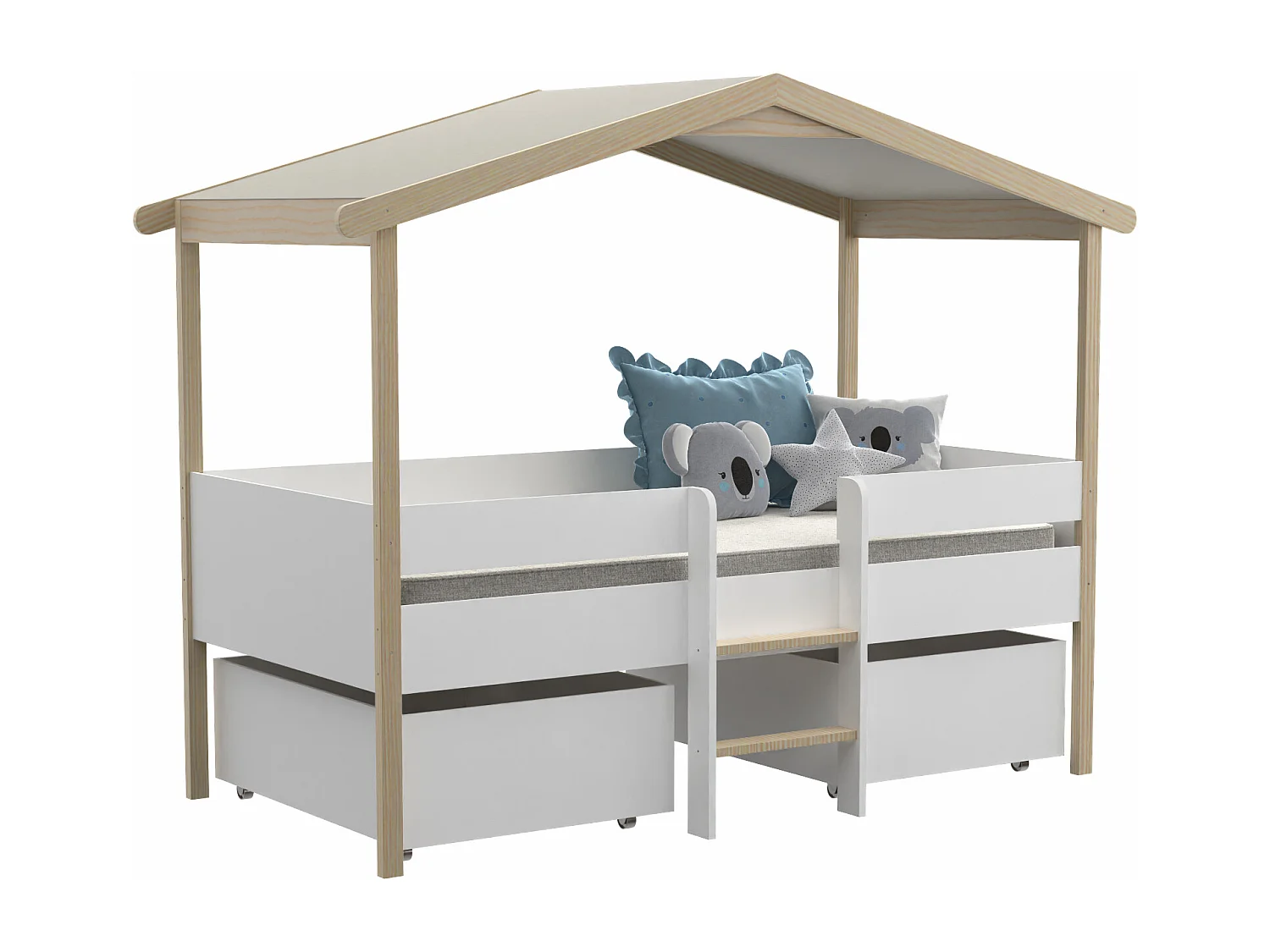 Kinderbett Hausbett mit Schubladen - Lindenholz - 90 x 190 cm - Weiß & Eichefarben - SAROSI