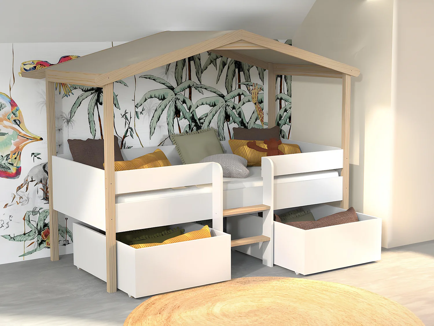 Lit cabane SAROSI avec tiroirs - 90 x 190 cm - Tilleul - Blanc et chêne