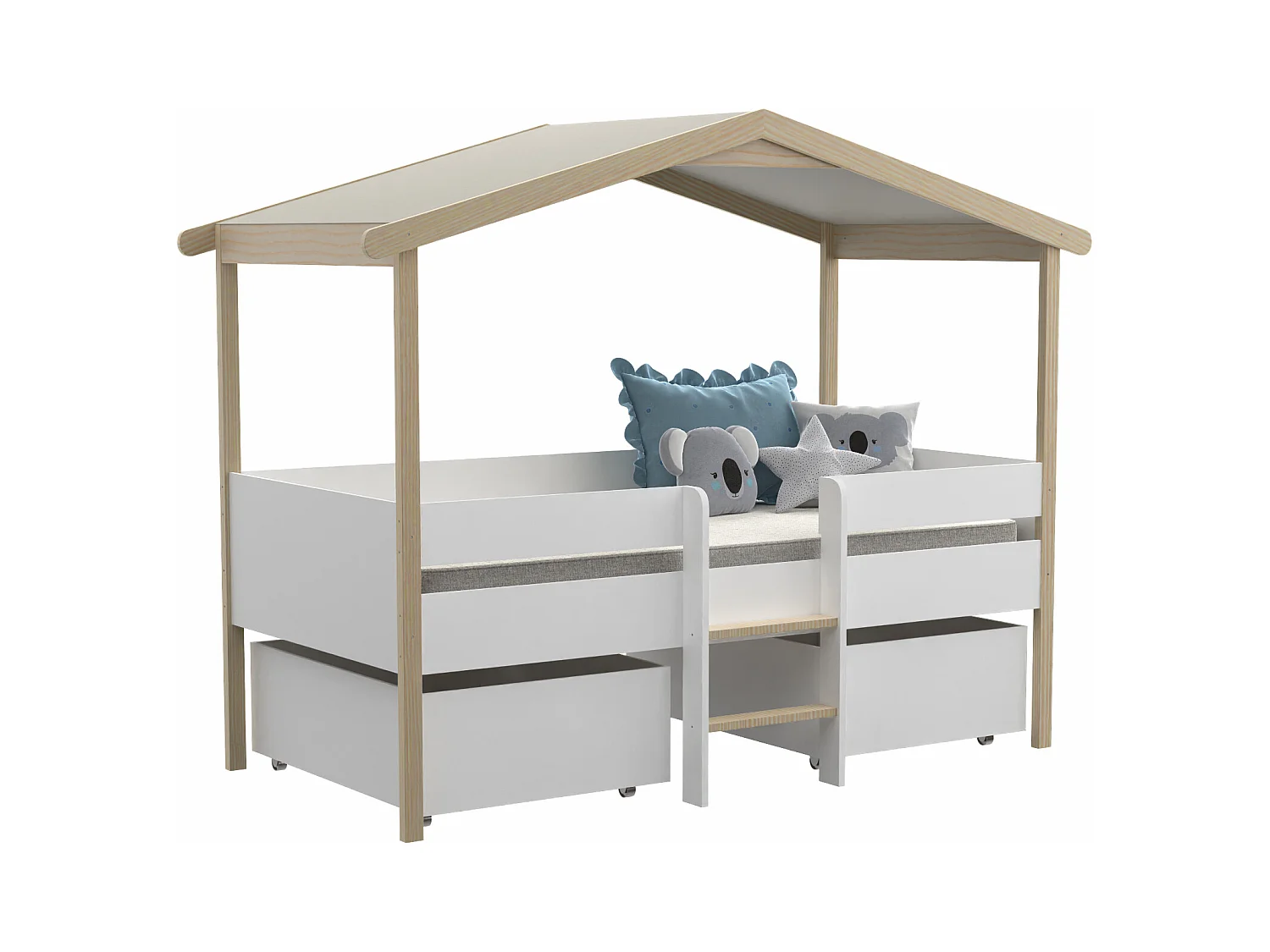 Lit cabane SAROSI avec tiroirs - 90 x 190 cm - Tilleul - Blanc et chêne