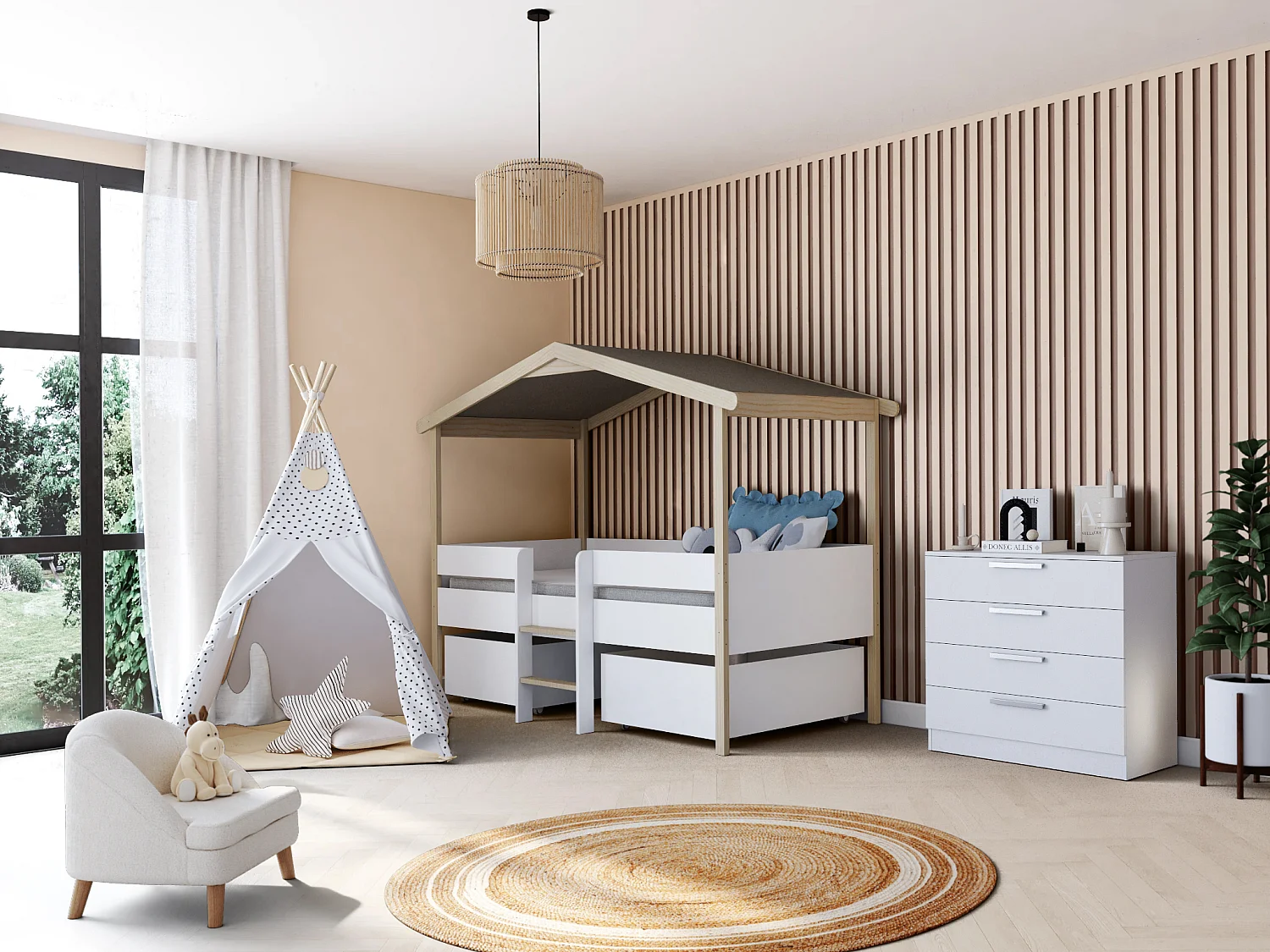 Lit cabane SAROSI avec tiroirs - 90 x 190 cm - Tilleul - Blanc et chêne