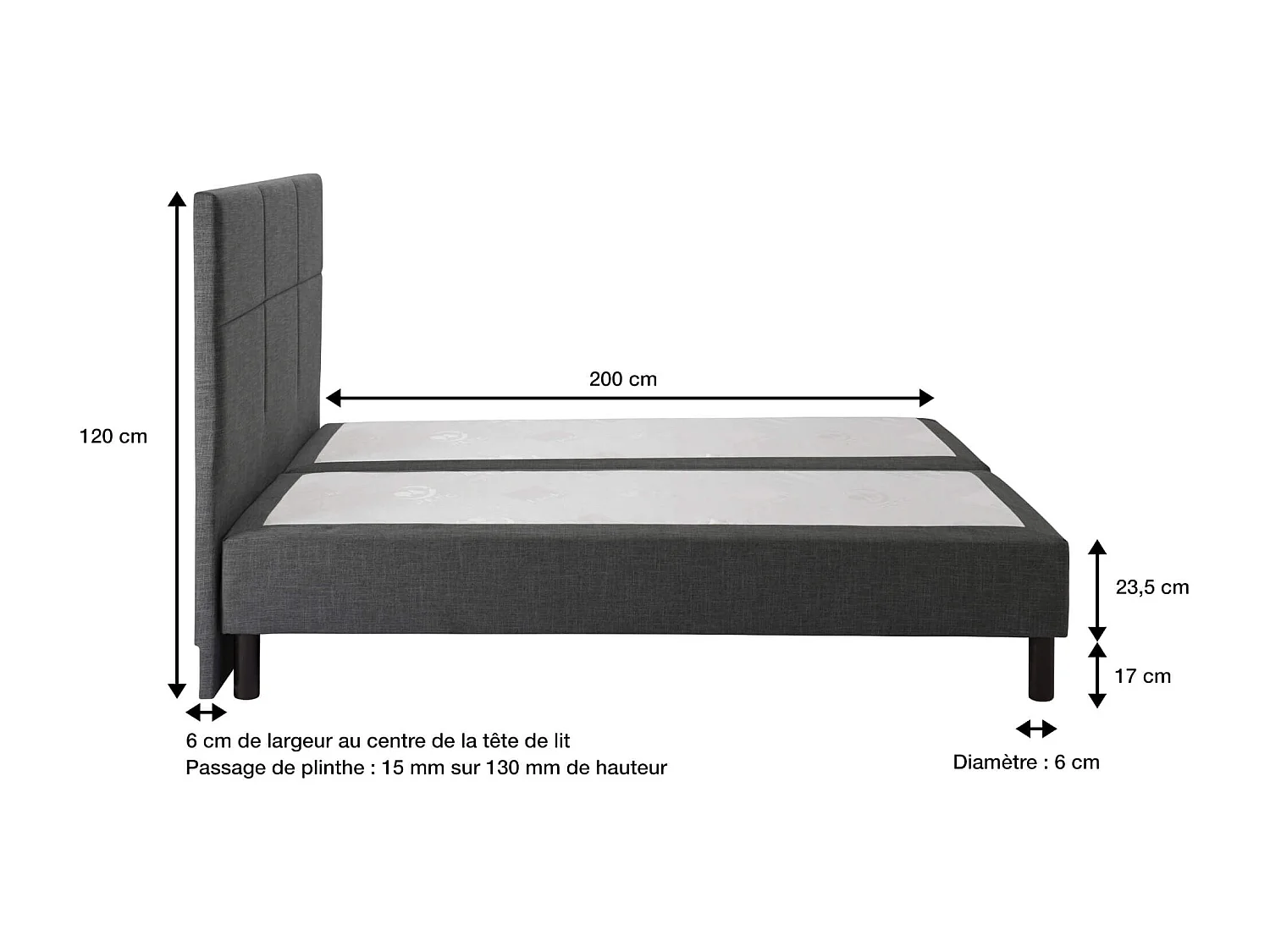 Ensemble boxspring sommier à ressorts + tête de lit + pieds gris chiné Epeda ENCHANTEUR 180X200