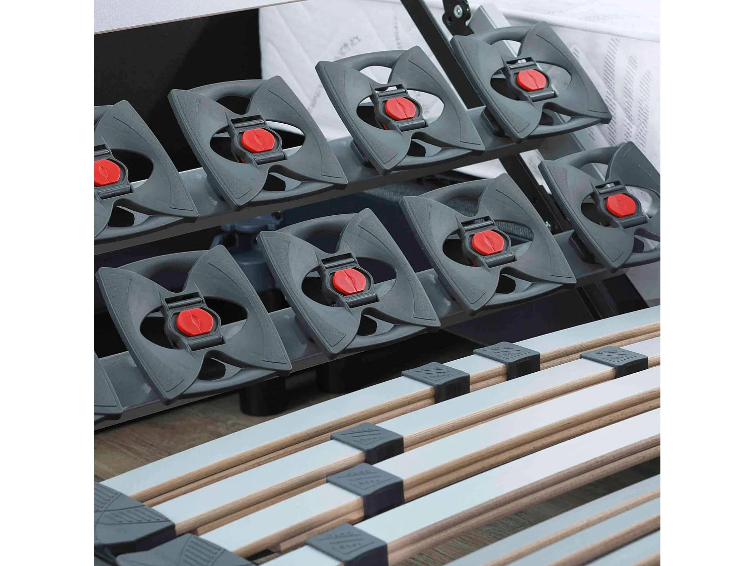 Sommier électrique de relaxation lattes + plots tissu gris clair 90x190