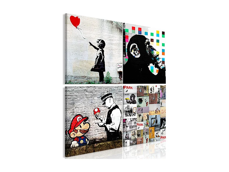 Tableau Imprimé 4 Panneaux "Banksy - Collage" 80 x 80 cm
