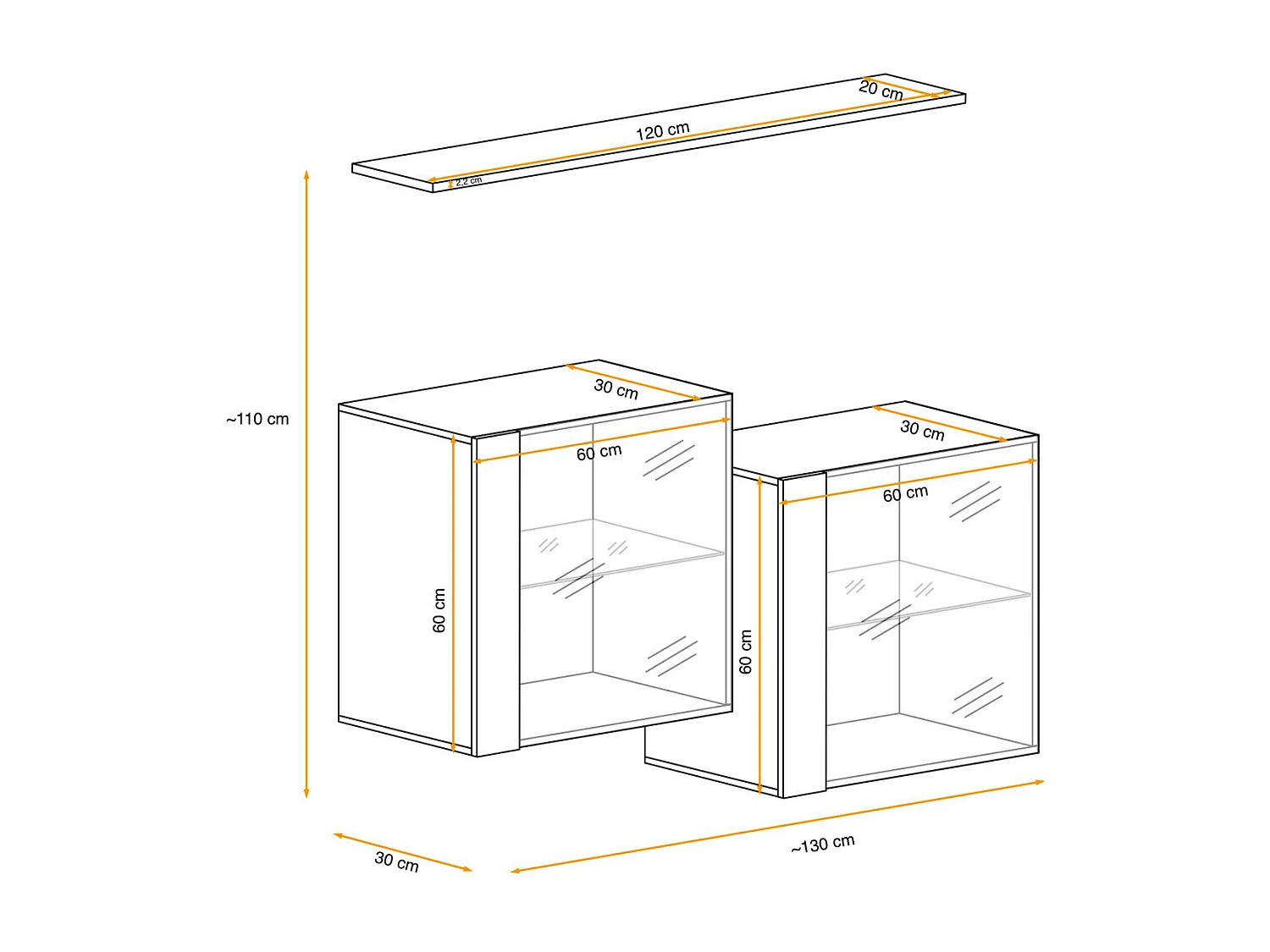 Lot de 2 Vitrines Murales & Étagère "Switch SBIII" 130cm Blanc
