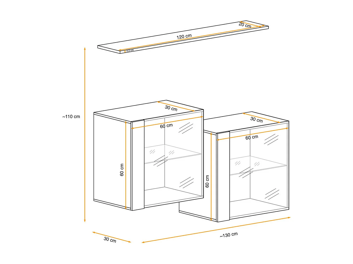 Lot de 2 Vitrines Murales & Étagère "Switch SBIII" 130cm Blanc