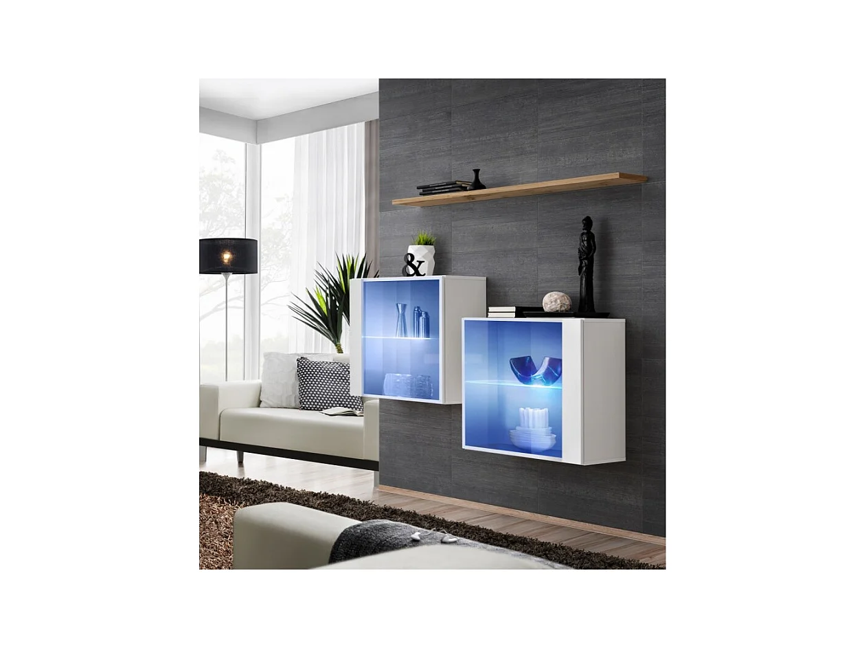 Lot de 2 Vitrines Murales & Étagère "Switch SBIII" 130cm Blanc & Naturel