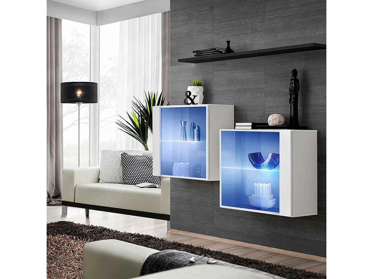 Lot de 2 Vitrines Murales & Étagère "Switch SBIII" 130cm Blanc & Noir