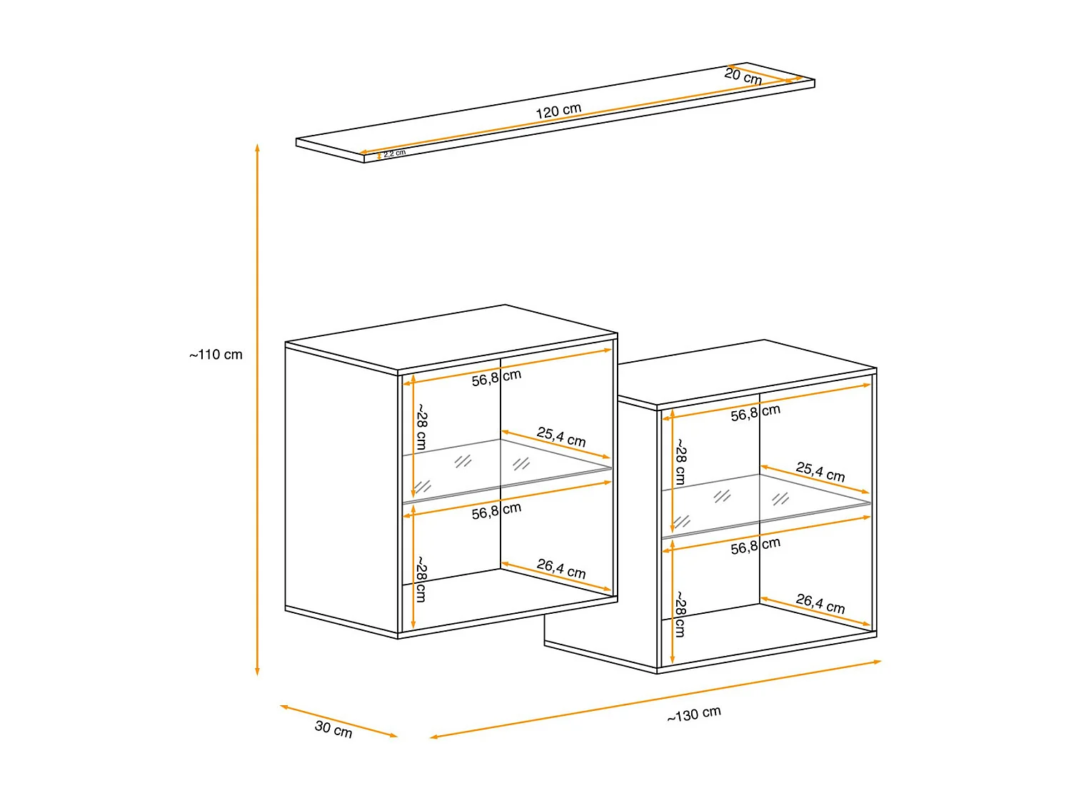 Lot de 2 Vitrines Murales & Étagère "Switch SBIII" 130cm Blanc & Noir