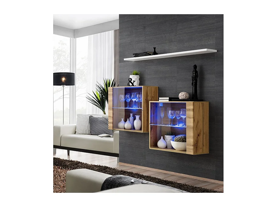 Lot de 2 Vitrines Murales & Étagère "Switch SBIII" 130cm Naturel & Blanc