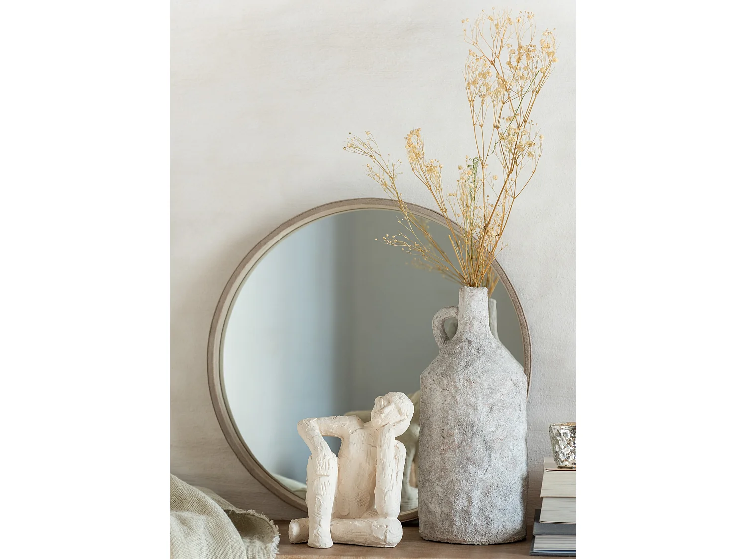 Espejo redondo de piel beige Apolo D 40,5 cm