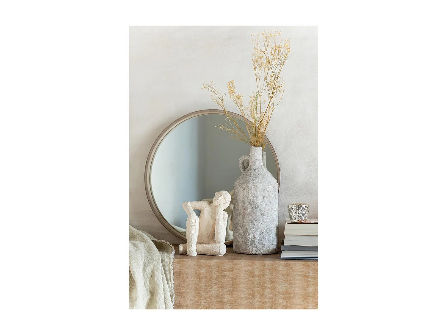 Espejo redondo de piel beige Apolo D 40,5 cm